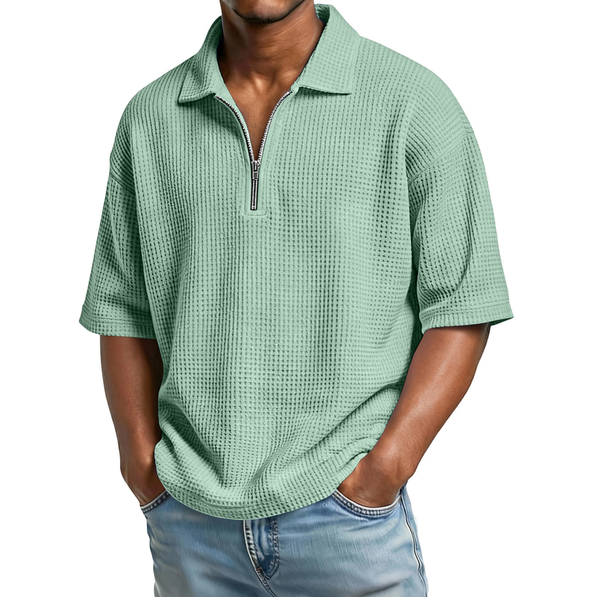 VARQORA men's sage green waffle knit polo shirt