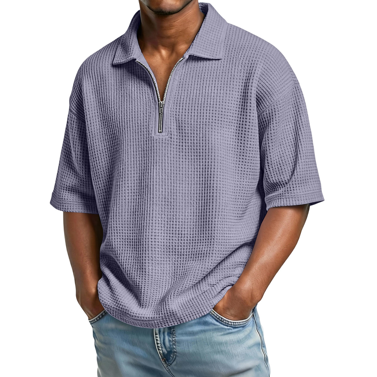 VARQORA men's light gray waffle knit polo shirt