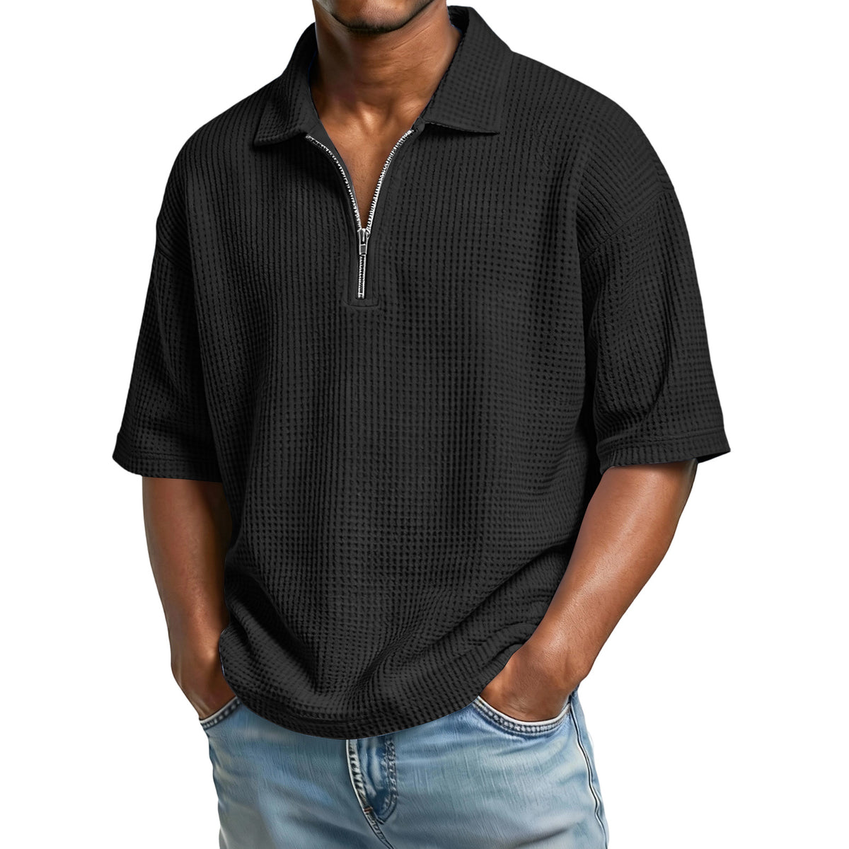 VARQORA men's black waffle knit polo shirt