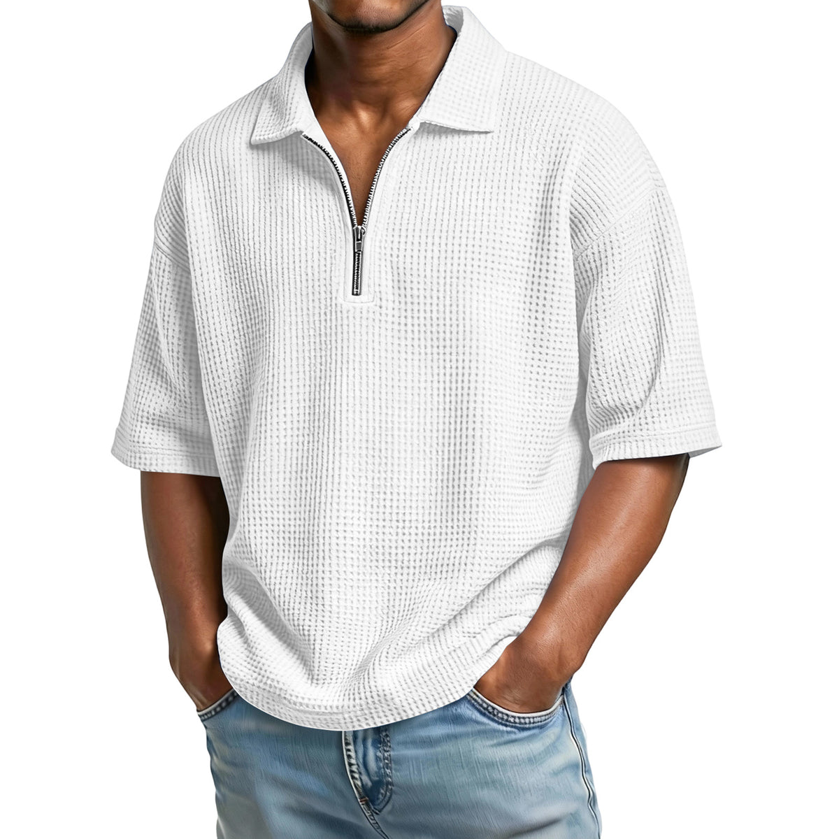 VARQORA men's white waffle knit polo shirt