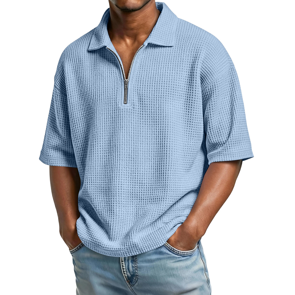 VARQORA men's light bue waffle knit polo shirt
