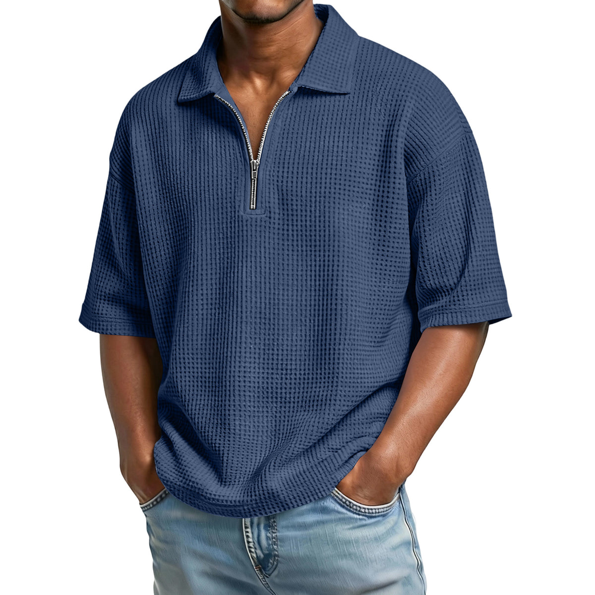 VARQORA men's blue waffle knit polo shirt