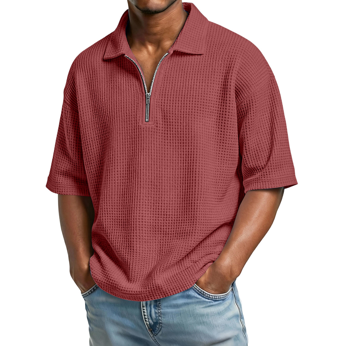 VARQORA men's brick red waffle knit polo shirt