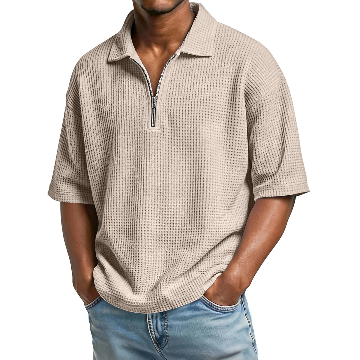 VARQORA men's beige waffle knit polo shirt